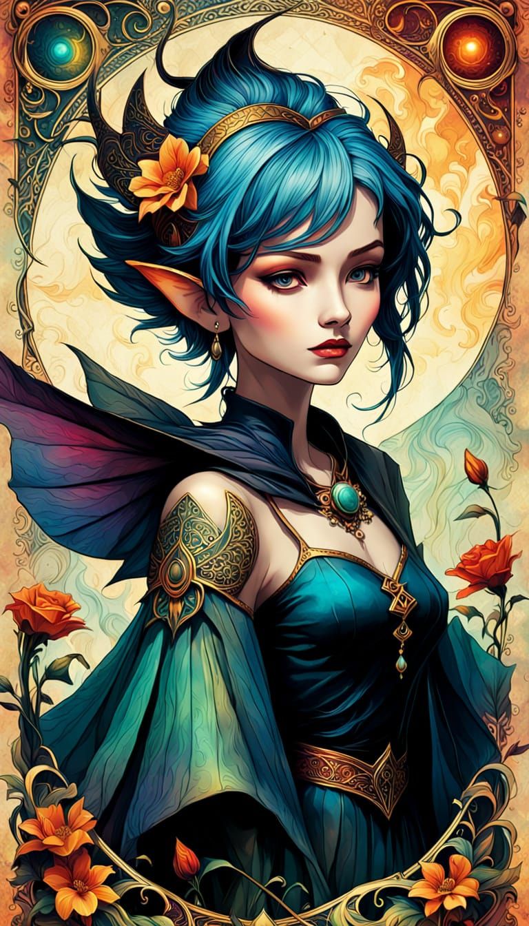 Pixie Witch Emerge from Antique Parchment in Art Nouveau Sty...