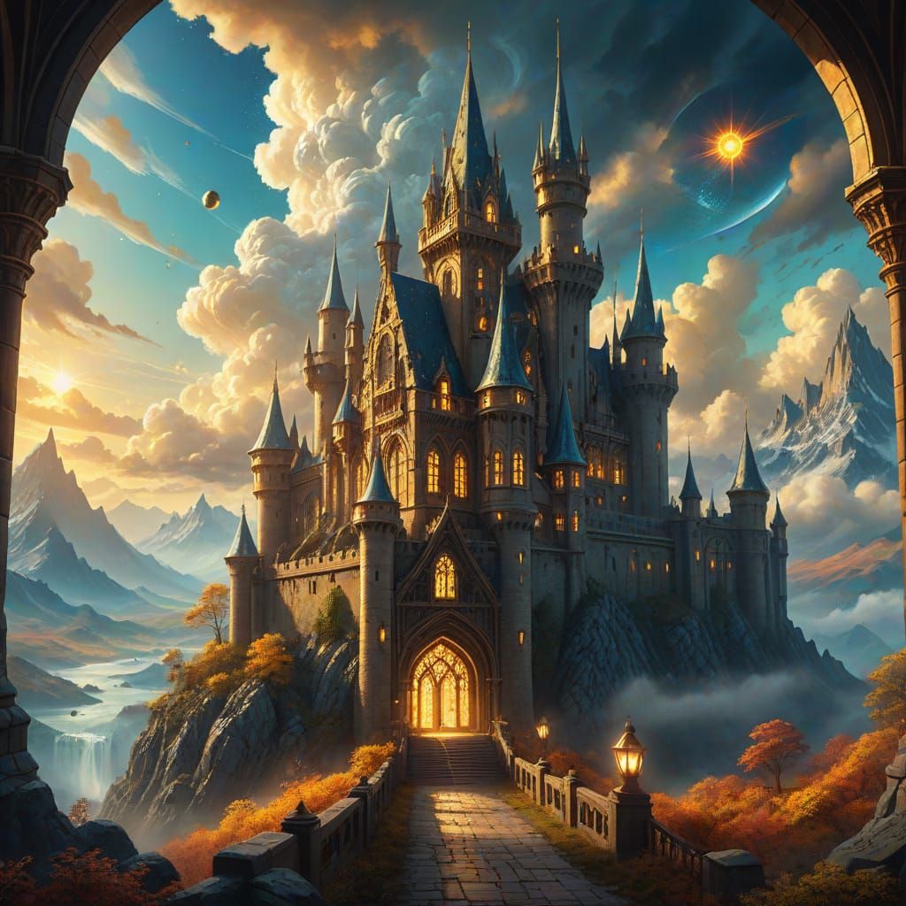 Fantasy Castle with Golden Turrets and Cosmic Sky