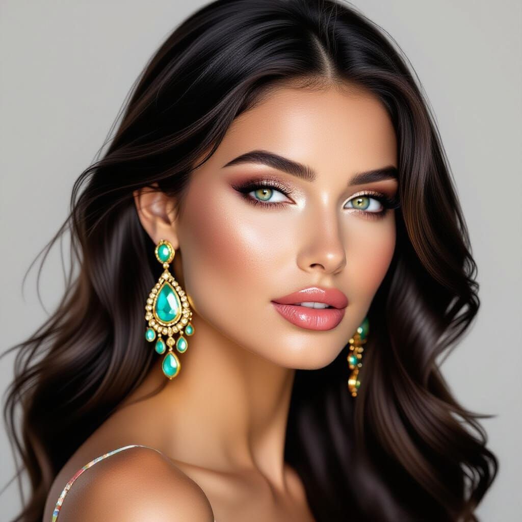 Portrait of Woman with Mica Details in Turquoise and Gold