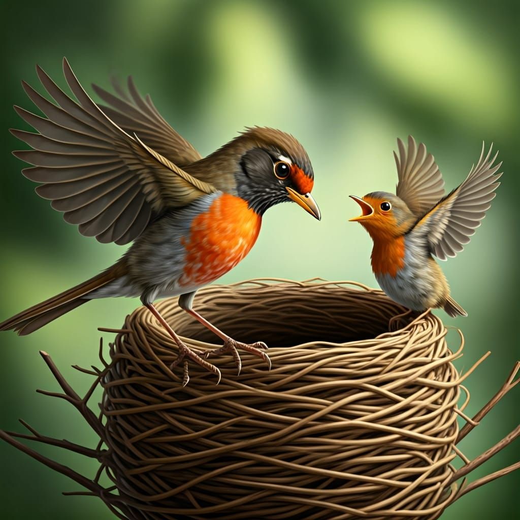 Robin Teaches Chick to Fly: Audubon-Style Illustration