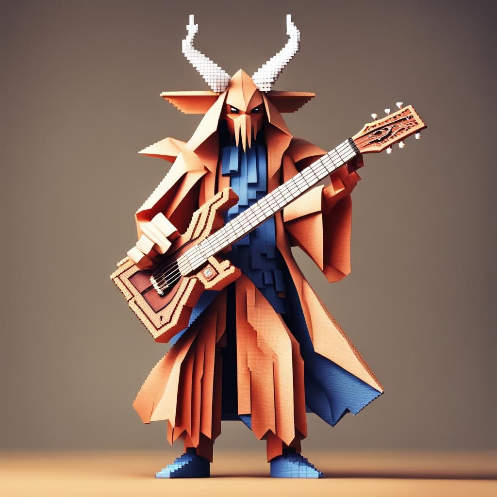 Pixel Art Sorcerer with Guitar in Origami Style