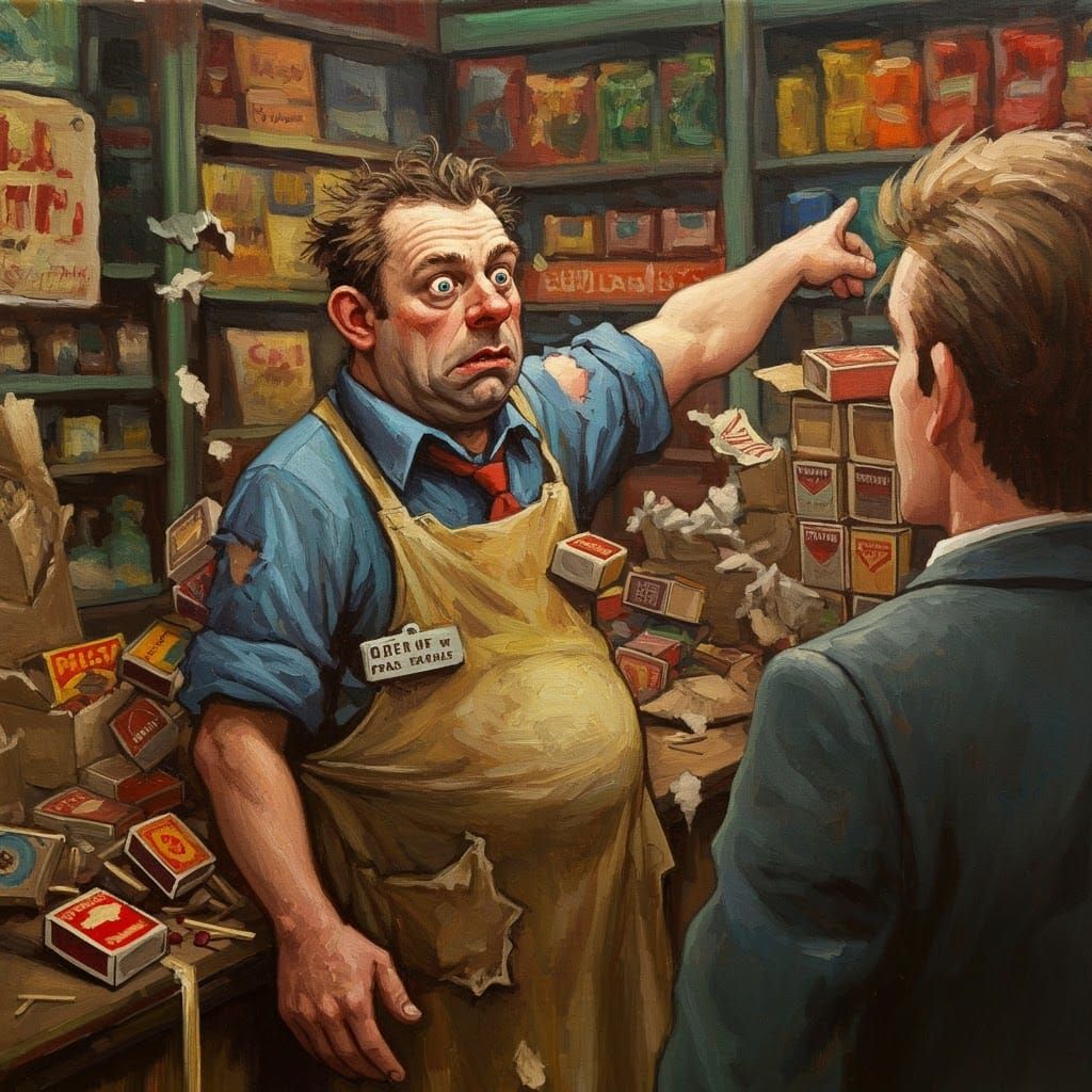 Hilarious Bewilderment: A Comical Store Clerk Illustration