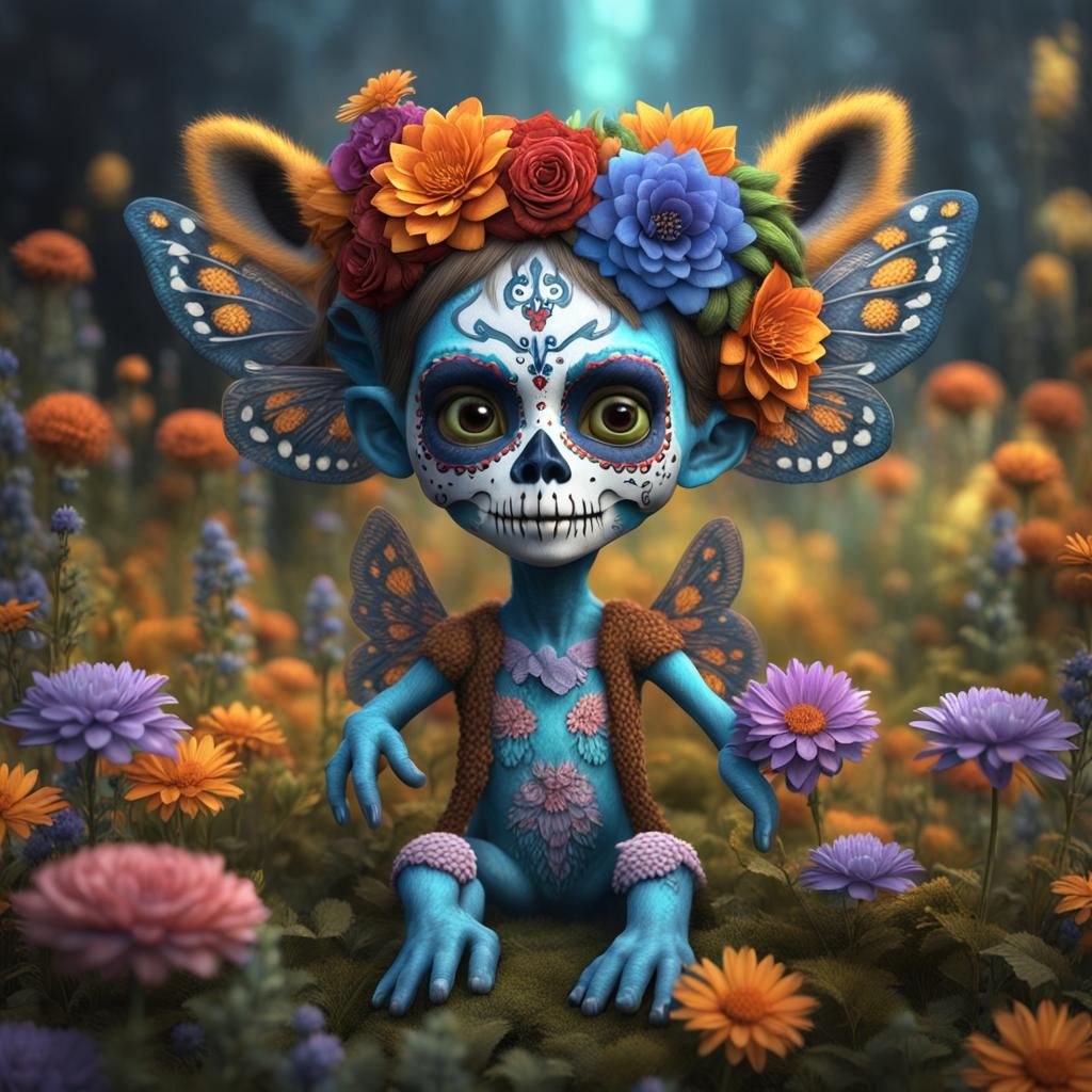 Hyperrealistic Troll as Sugar Skull Woman with Flower Wings