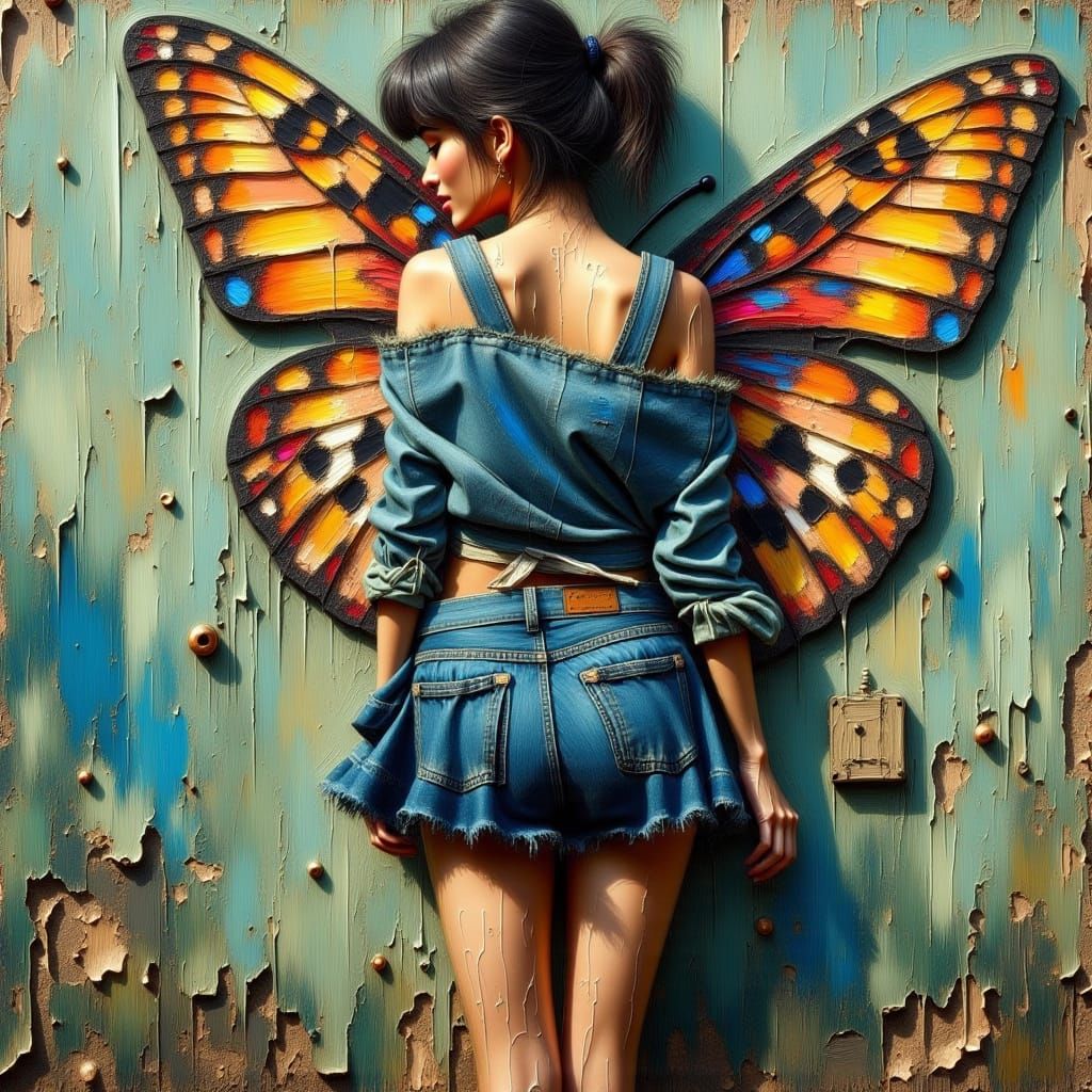 Woman in Denim with Butterfly, Graffiti Art