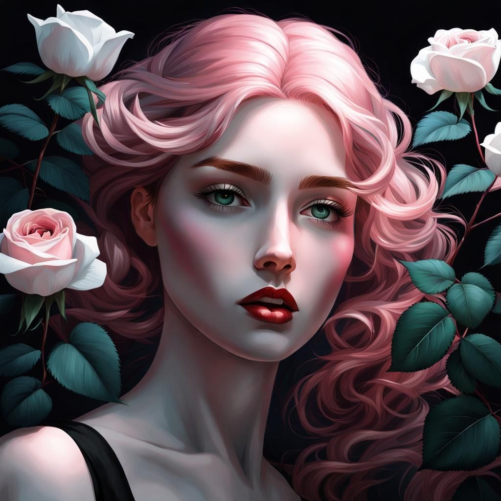 Hazel Haired Girl Adorned with Thorns in Monochromatic Paint...
