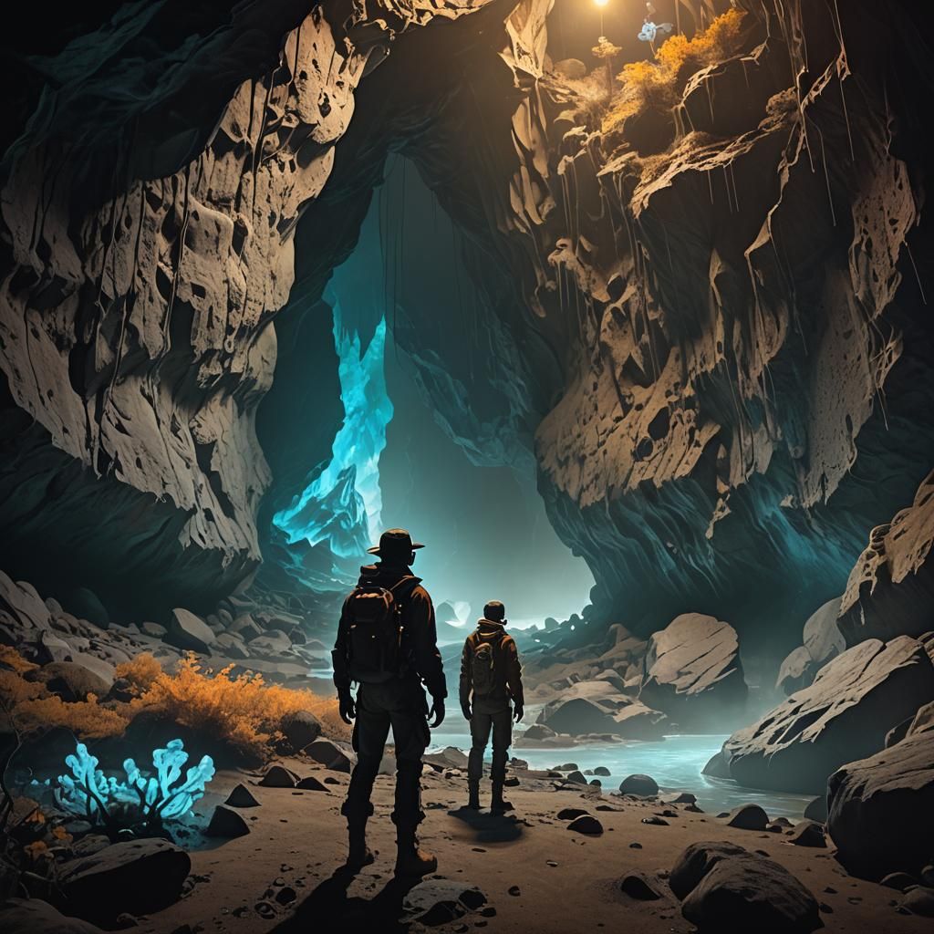 Eerie Cave Entrance with Bioluminescent Flora