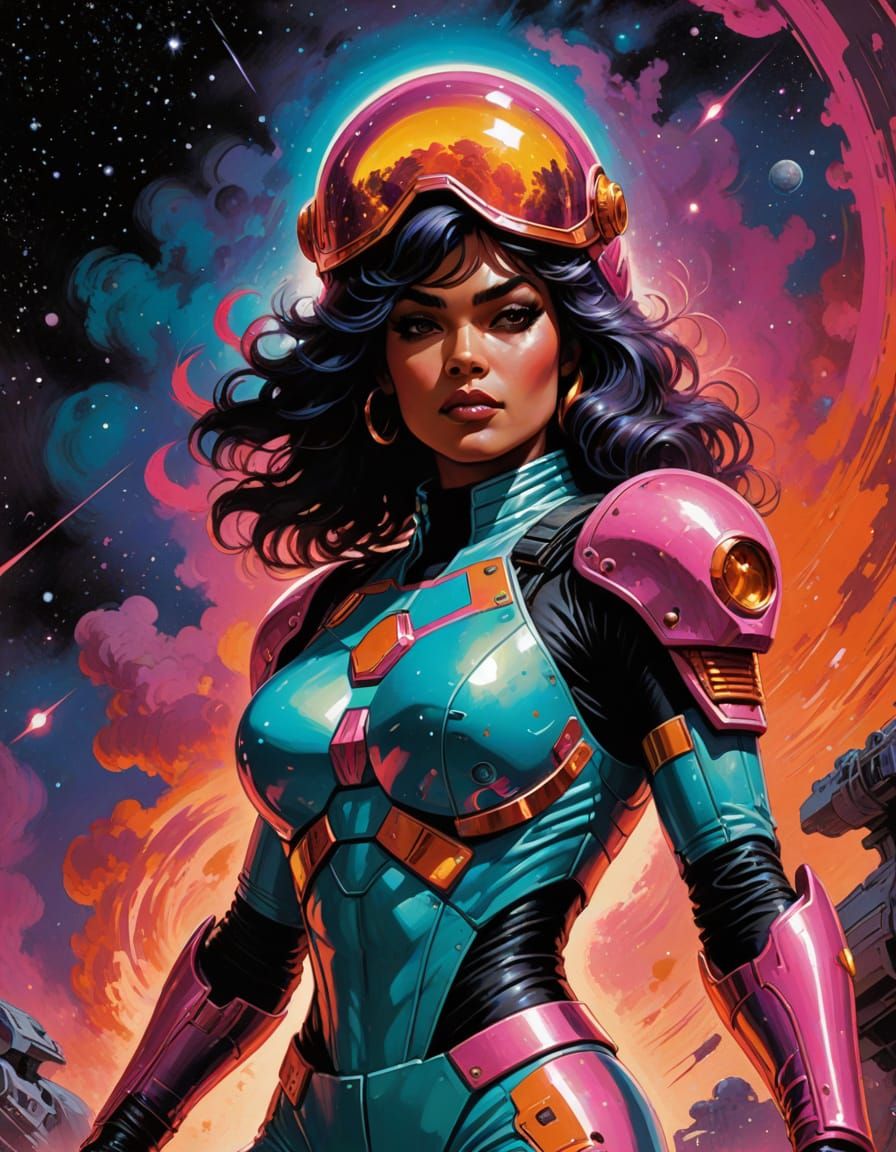 Voluptuous Latina Space Warrior in Retro Sci-Fi Style