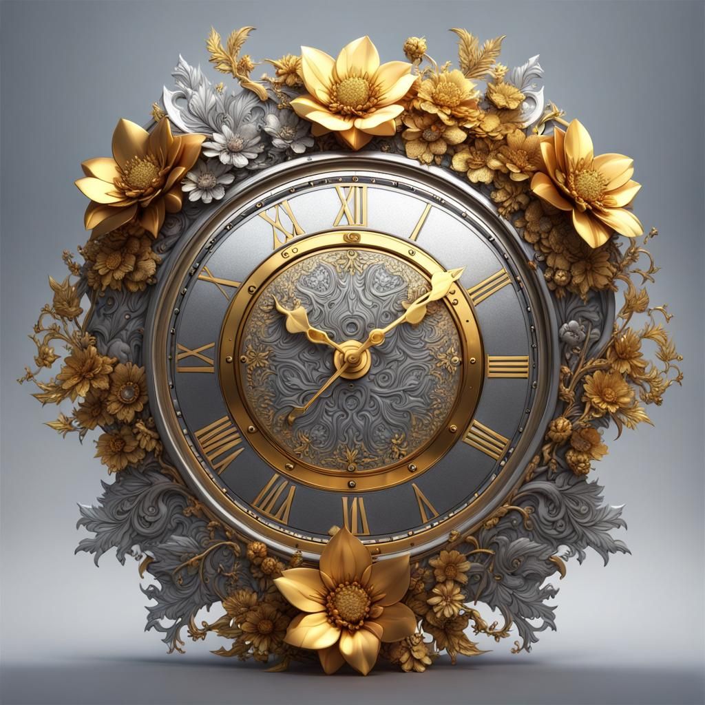 Ornate Gold and Silver Floral Clock in Matte Painting Style