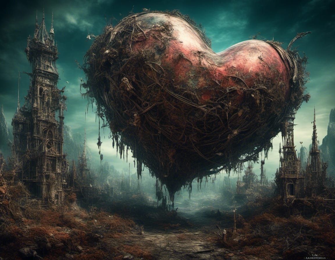 Heart-Shaped Planet with Whimsical Macabre Style