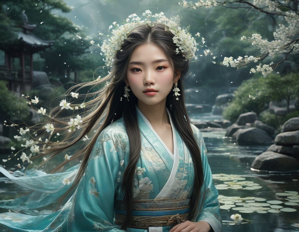 Ethereal East Asian Goddess in Whimsical Water Wonderland