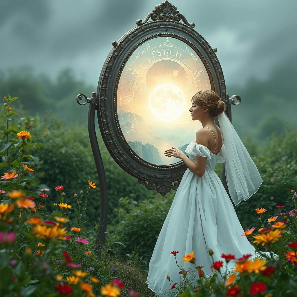 Woman and AI Psyche Mirror Portal to Mystical Realm