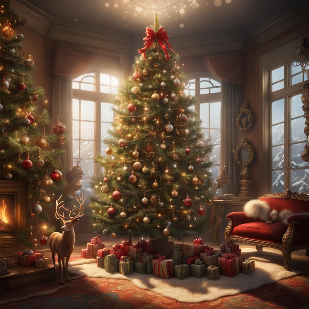 Christmas Animals Around Tree in 3D Rendering