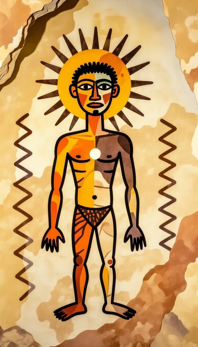 Primitive Cave Art: Human Figure with Sun and Light