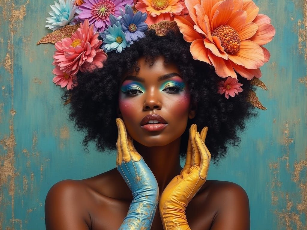 Regal African Woman in Vibrant Makeup and Floral Afro