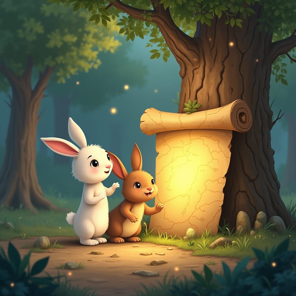 Two Cartoon Rabbits Discover a Magical Forest Map
