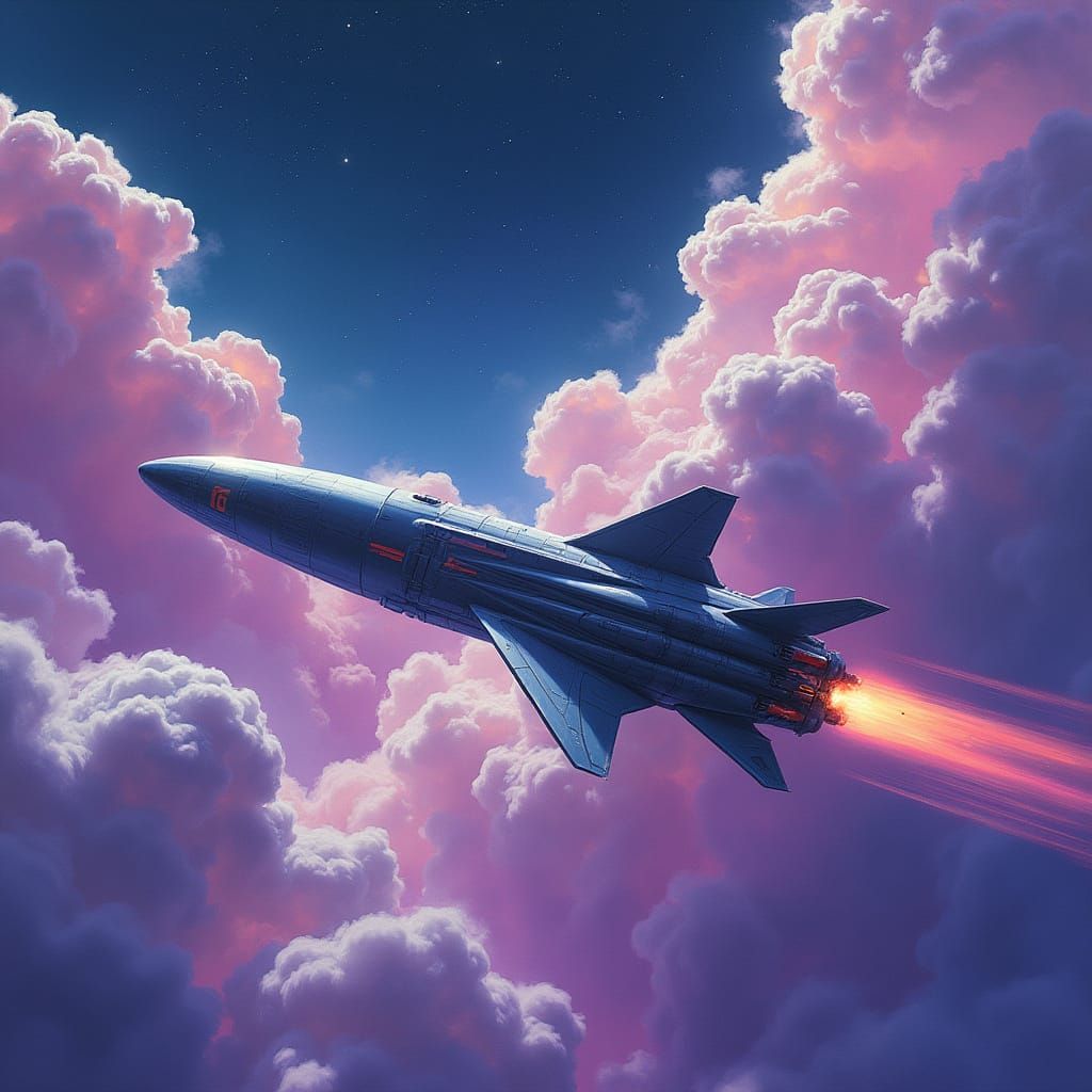 Retro-Futuristic Rocket Soaring Through Colorful Cosmos
