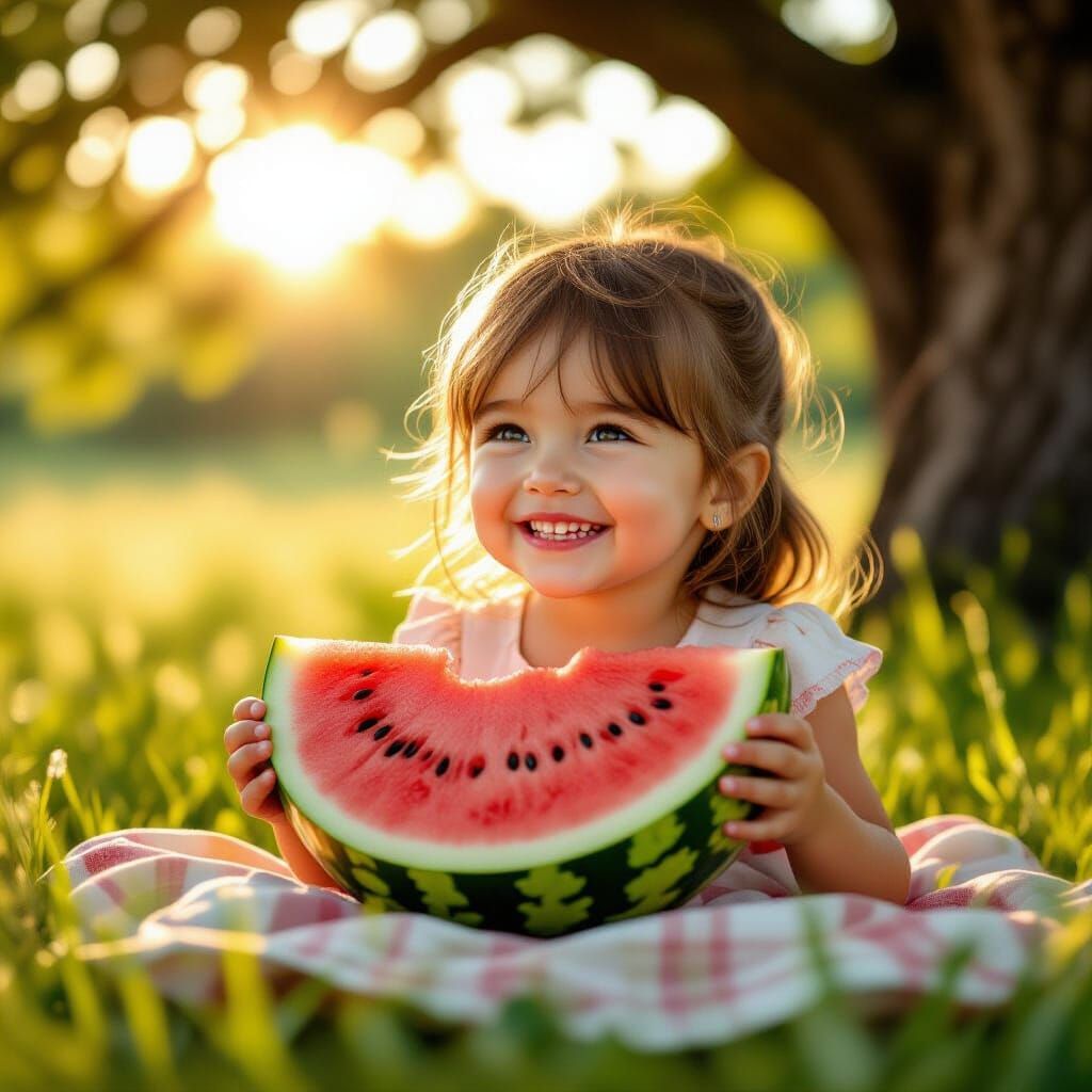 Joyful Girl Eats Hyper-Realistic Watermelon Under Oak Tree