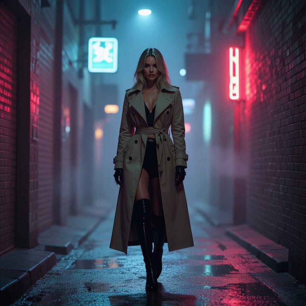 Margot Robbie as Cyberpunk Hacker in Neon Alley
