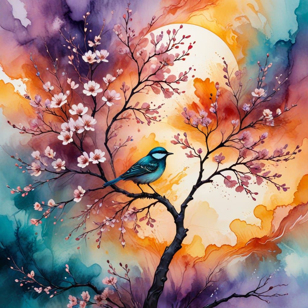 Ethereal Blossom Tree Amidst Sunset Whirlwind