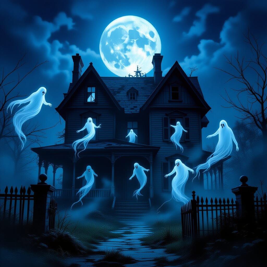 Dilapidated Haunted House Under Full Moon