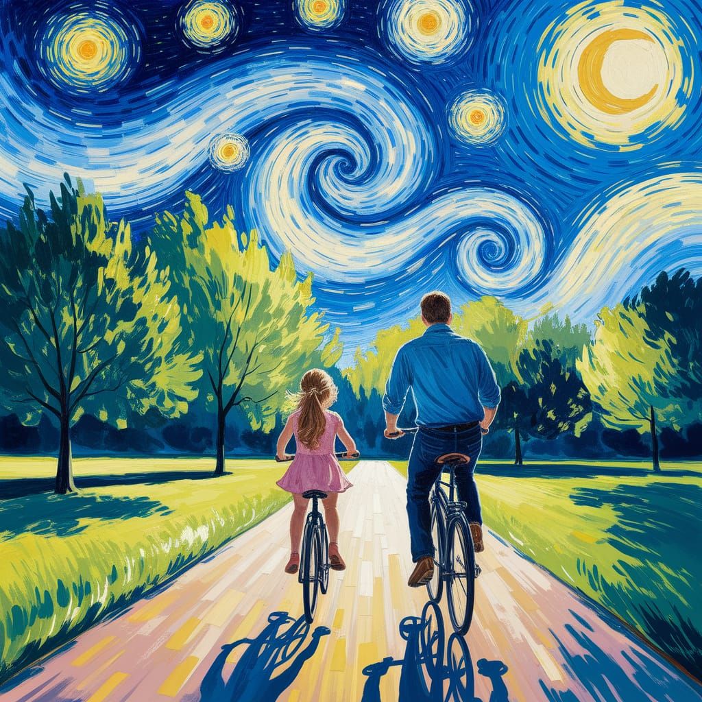 Father and Daughter Cycling: Neo-Impressionist Painting
