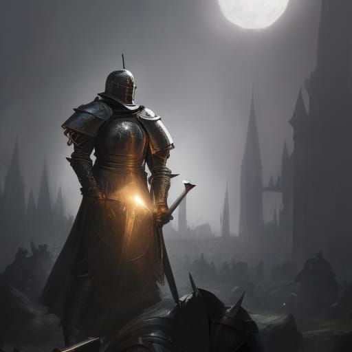 Gothic Knight's Demise Under Eclipse, Dark Fantasy Art