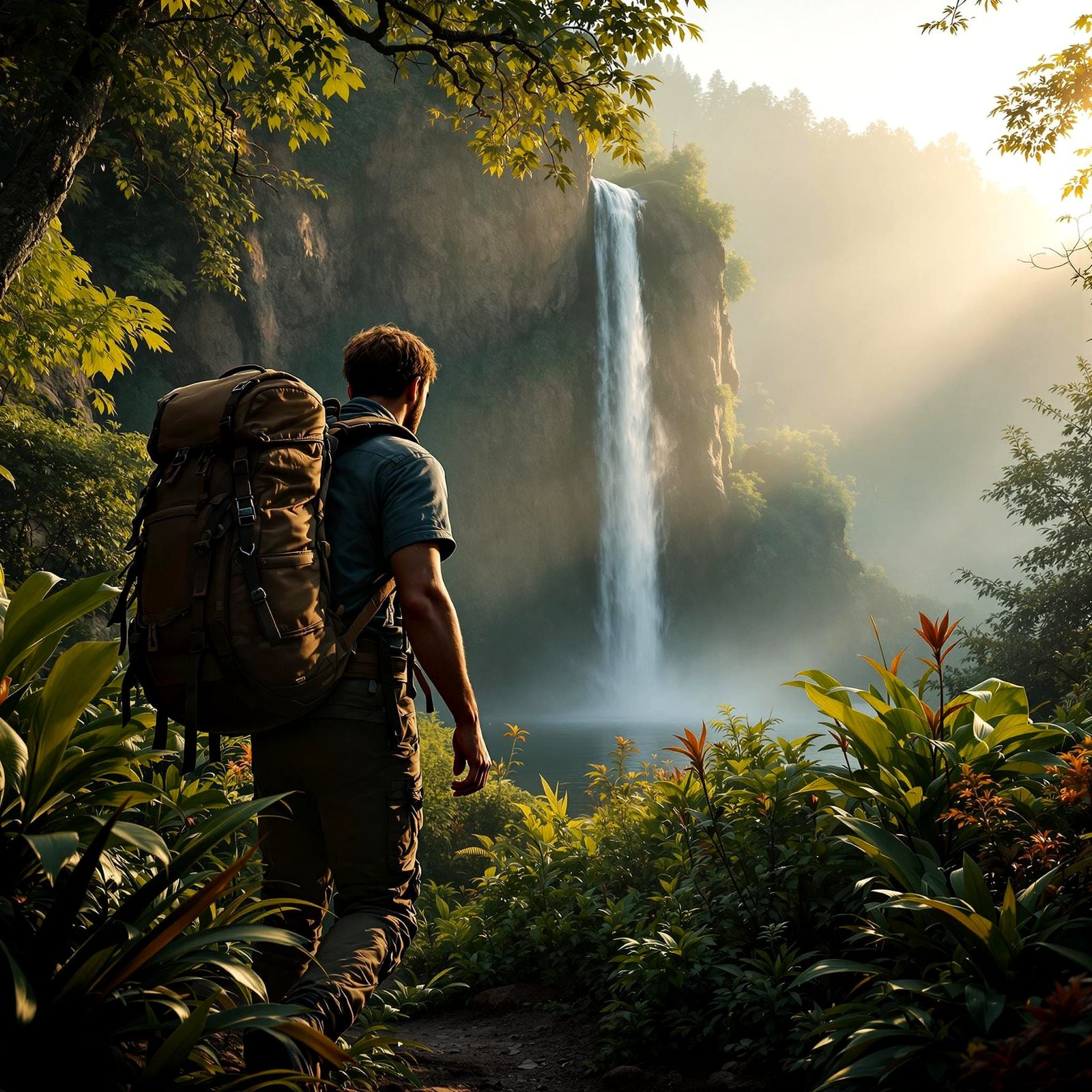 Realistic Hiker in Vibrant Summer Landscape