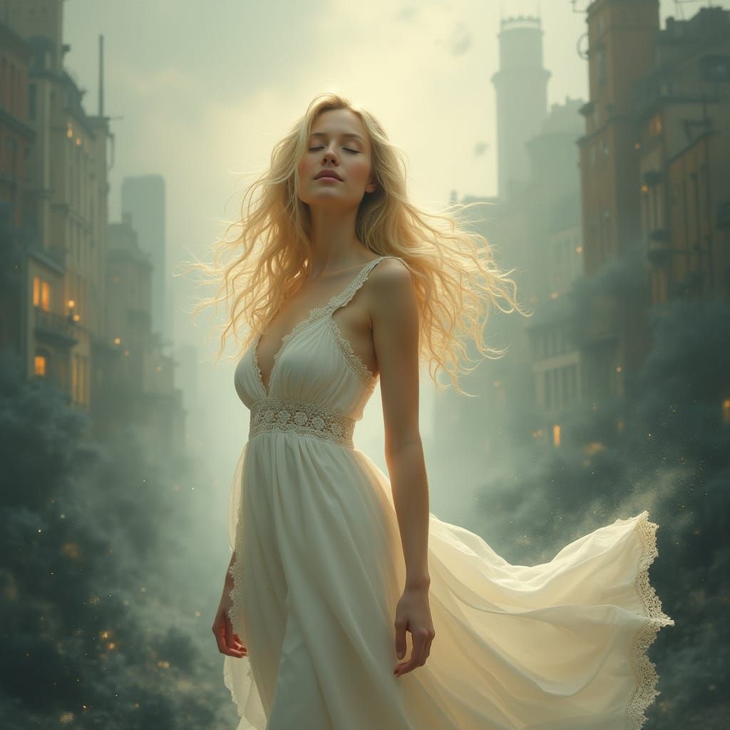 Serenely Adorned Goddess Amidst Turbulent Skies