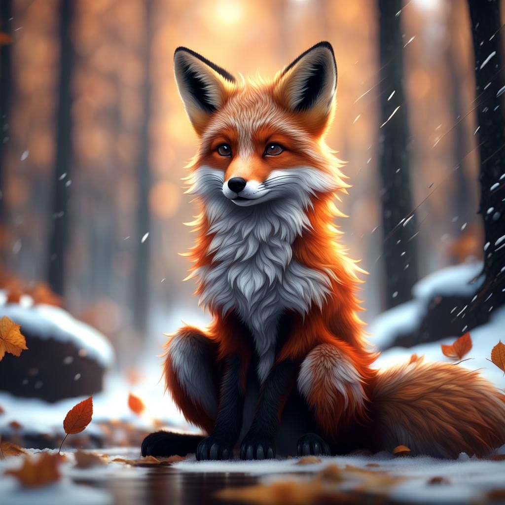 Sad Fox Pup in Snowy Autumn Forest