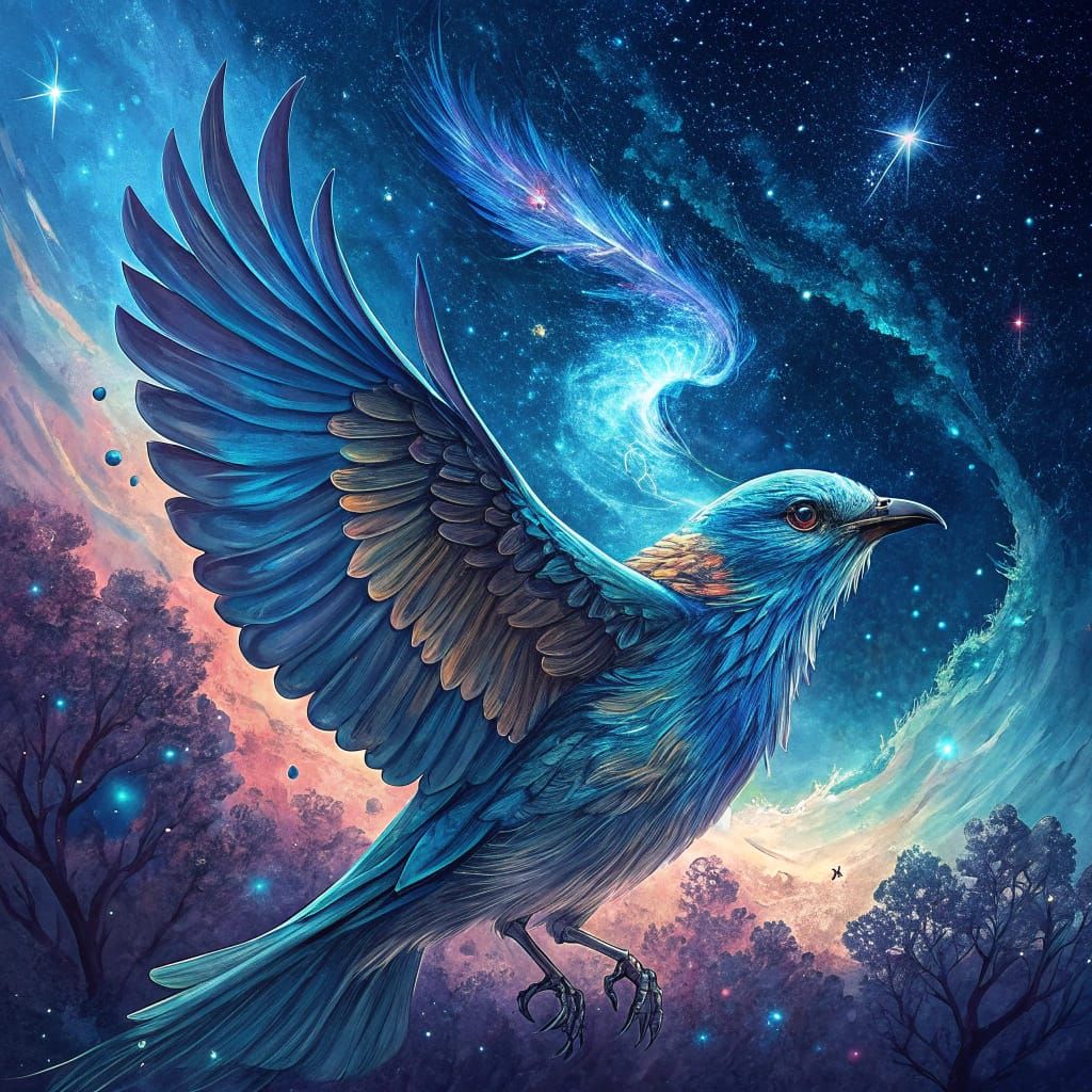 Majestic Bird Soars Amidst Vibrant Sapphire Night Sky