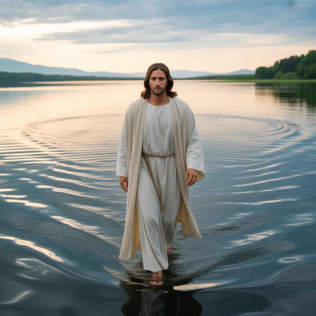 Jesus Christ Walking on Water at Sunset