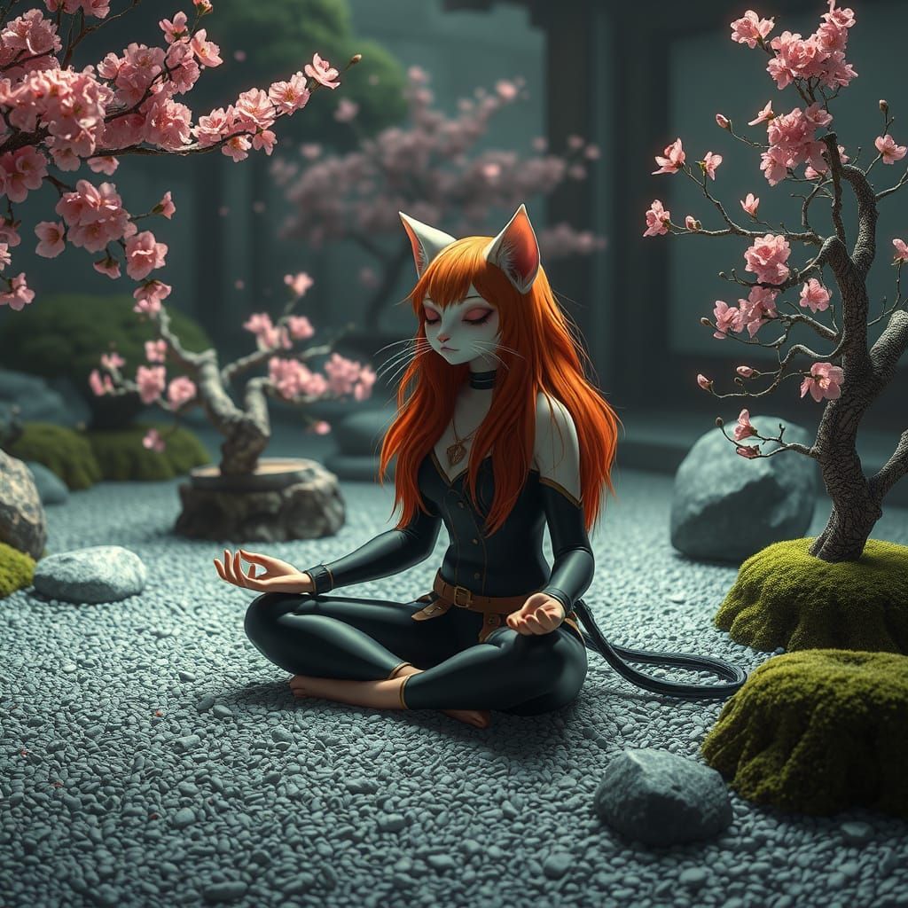 Meditating Cat-Girl in a Cyberpunk Zen Garden