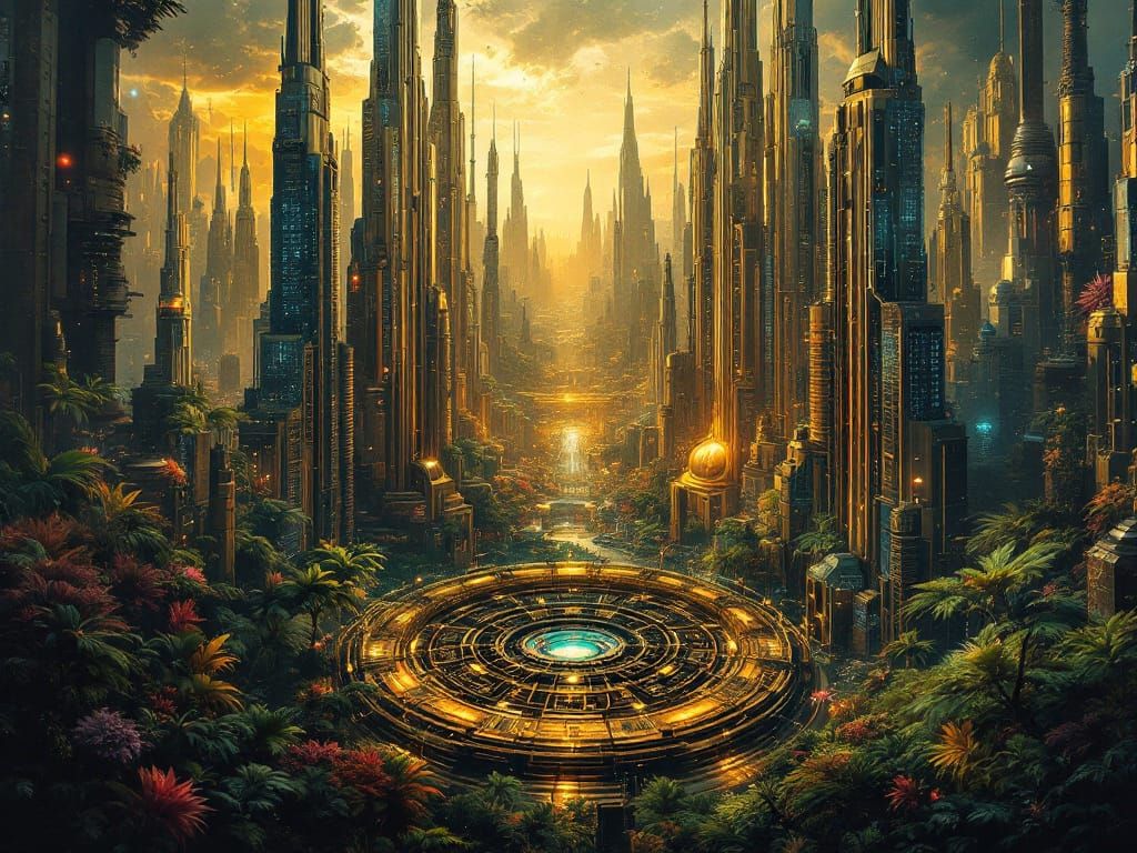 Futuristic Cityscape with Tropical Jungle in Metallic Hues