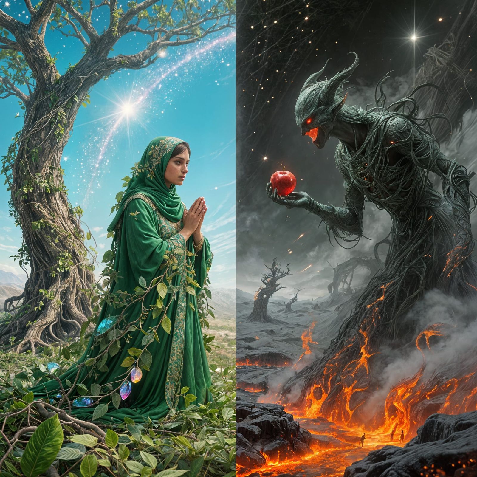 Contrasting Visions: Celestial Prayer vs. Demonic Temptation