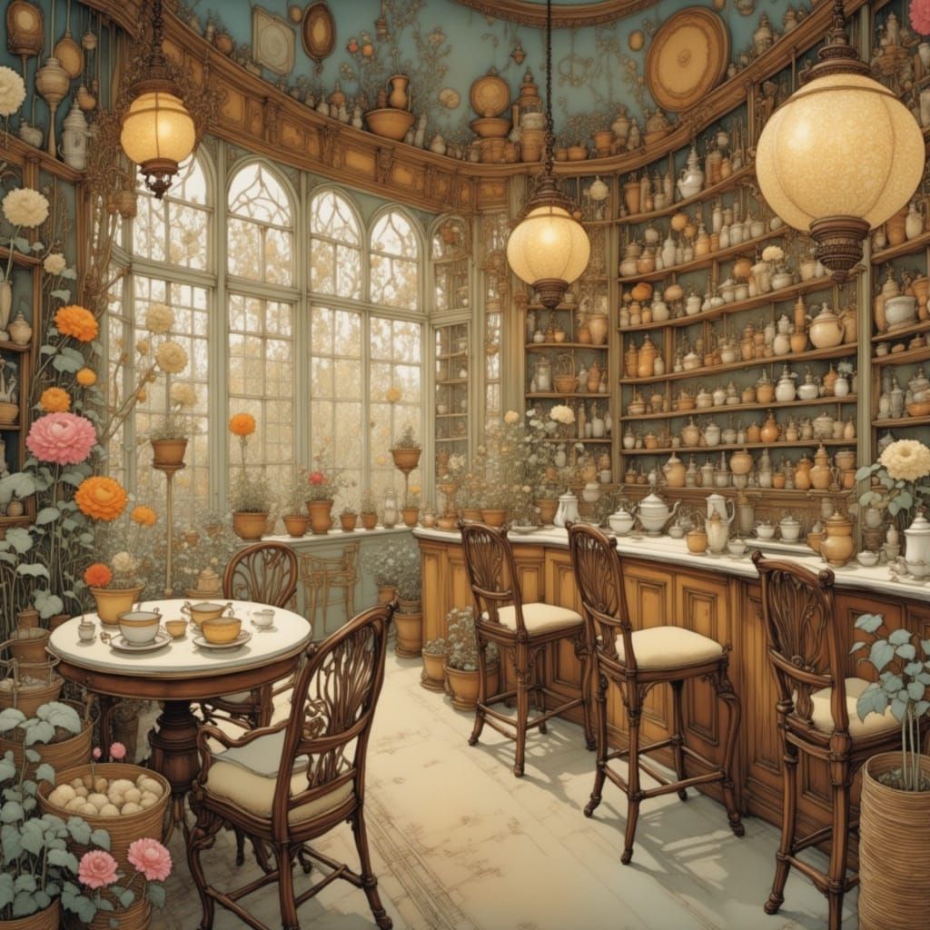 Whimsical Tea Shop in Intricate Art Nouveau Style