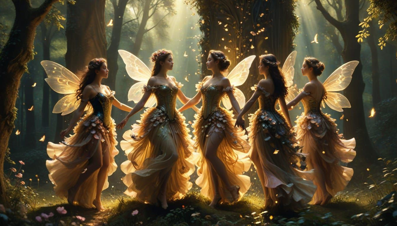 Ethereal Fairies Dancing in Magical Forest Clearing Oil Pain...