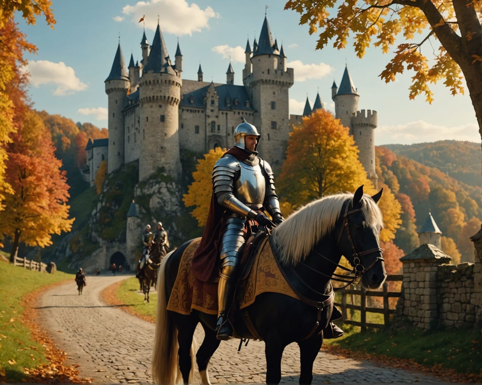 Medieval Knight and Lady in Autumn Forest