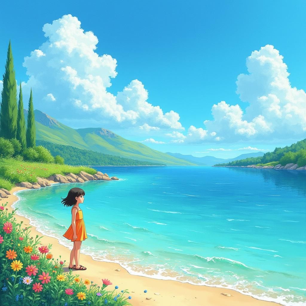 Anime-Inspired Watercolour of Girl at Summer Lake