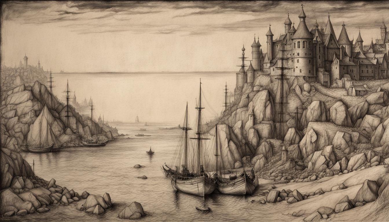 Hyperdetailed Coast Drawing in Durer Style