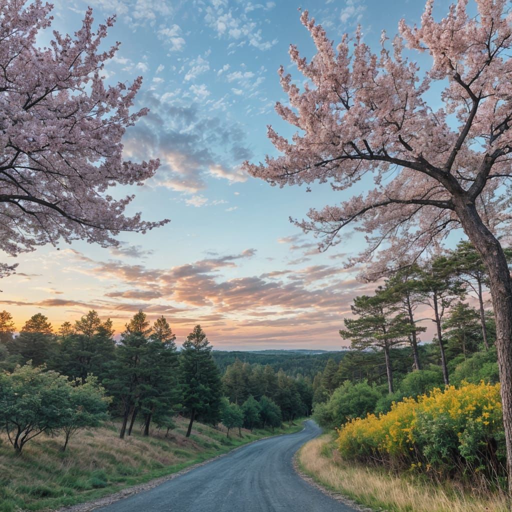 Golden Hour Pine Landscape with Pink Blossoms and Twinkling...