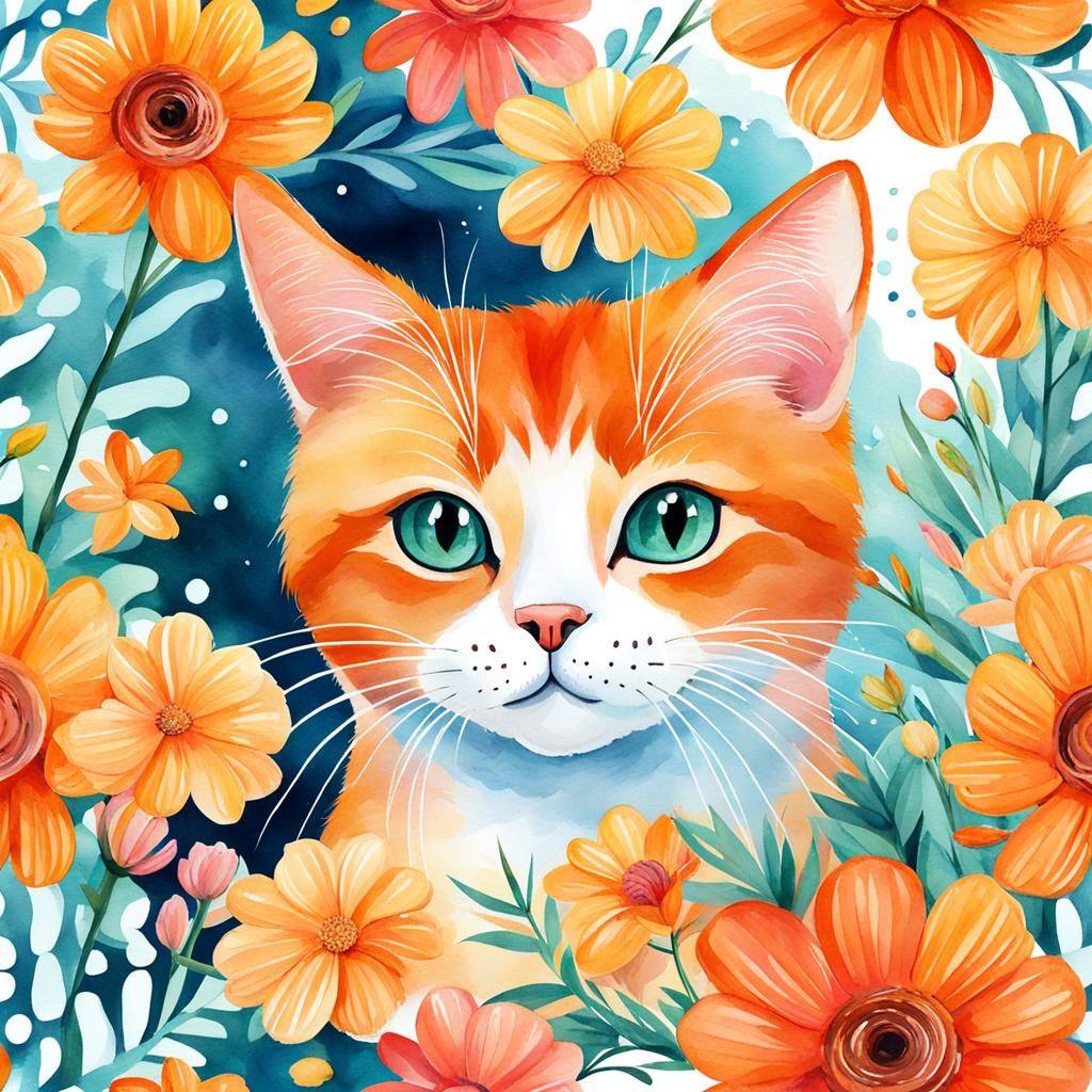 Cute Orange Cat in a Digital Watercolor Summerscape
