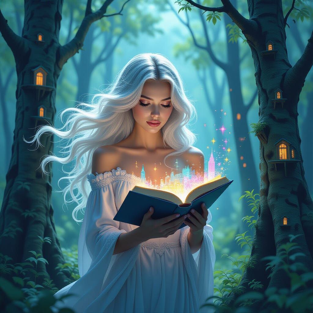 Surreal Woman With Paint Hair In Urban Forest