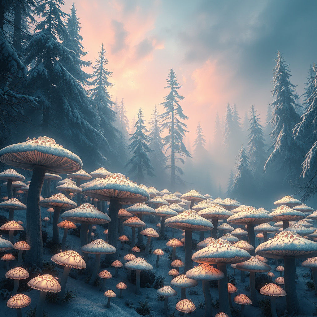 Glowing Mushrooms in Mystical Snowy Forest