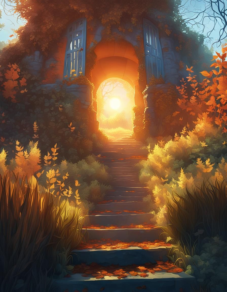 Stairs Covered in Grass in Orange Forest