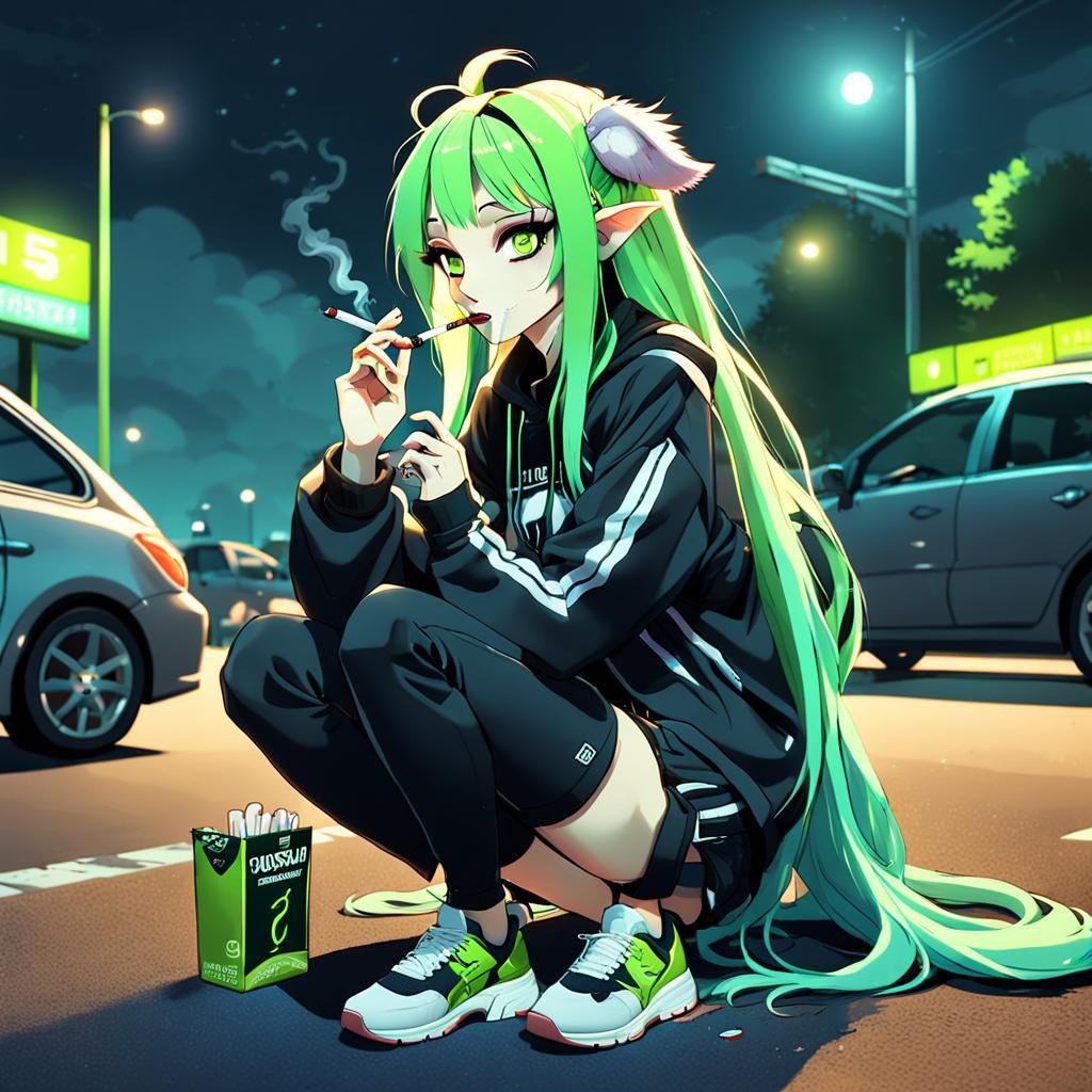 Anime Girl Smoking with Opossum, Detailed Matte Painting