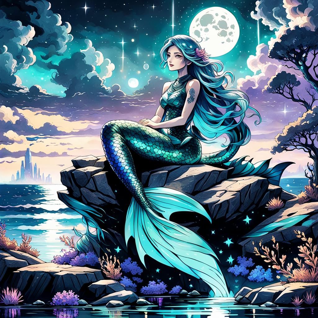 Cyberpunk Mermaid with Glowing Cybernetic Tail