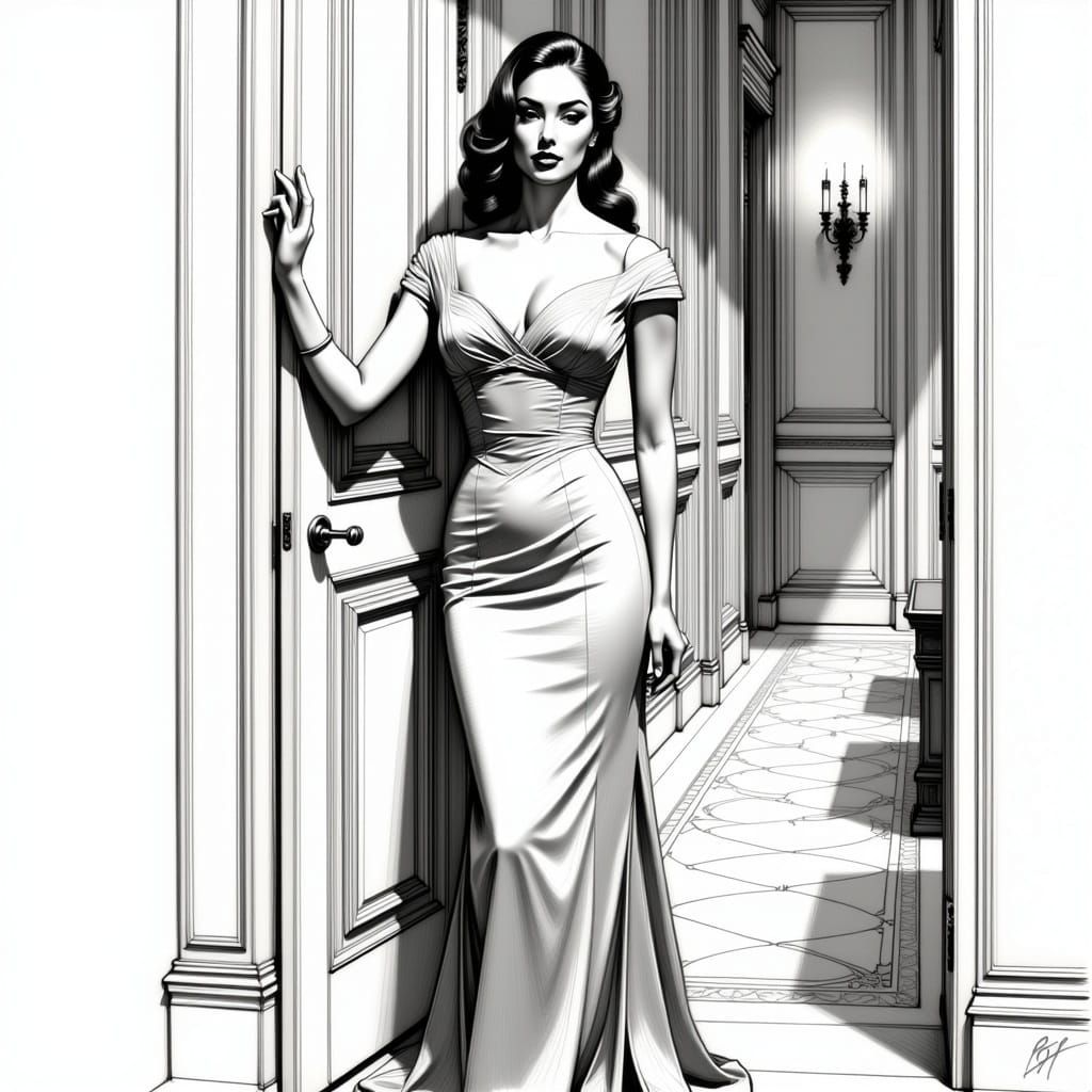 Elegant Woman in Art Deco Pencil Sketch