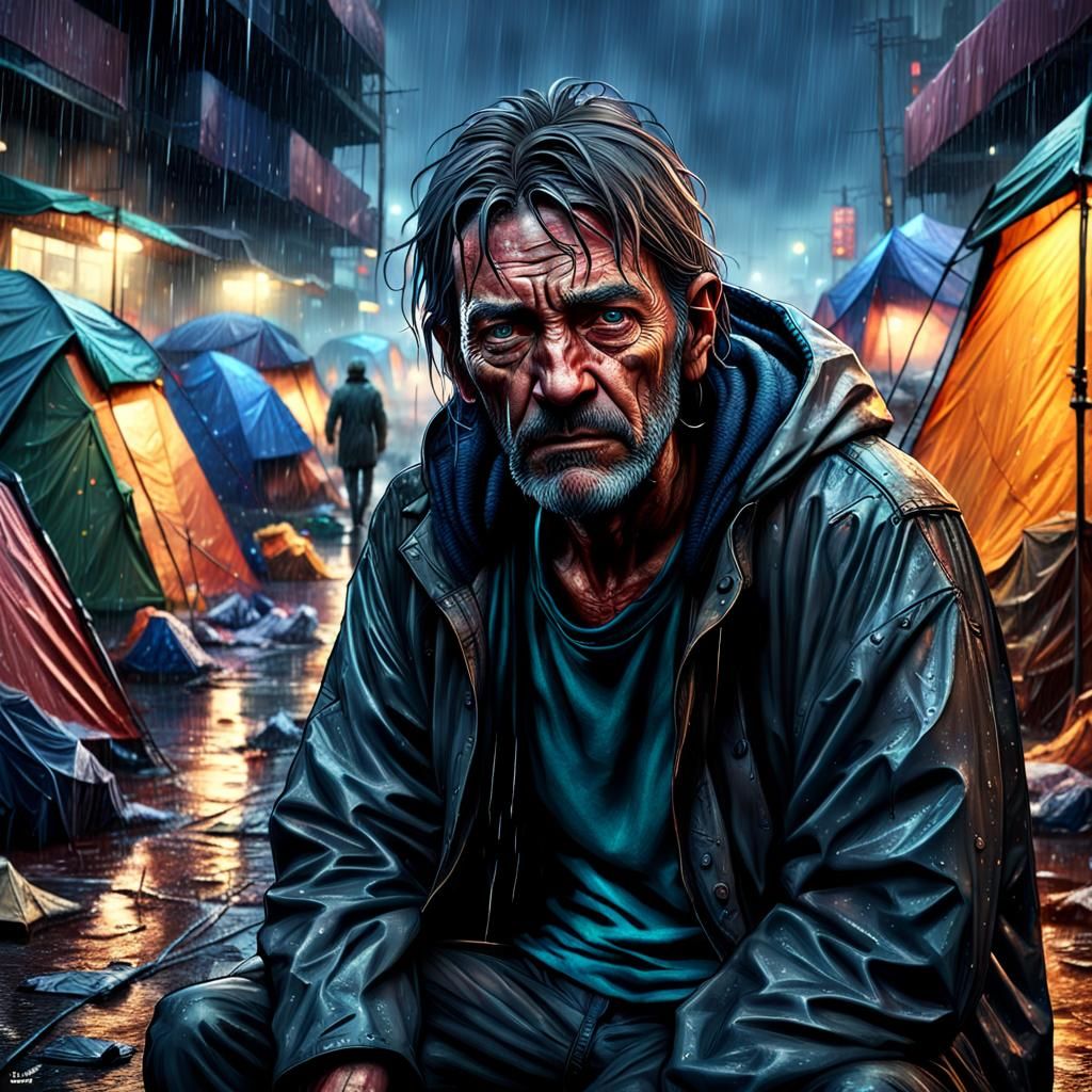 Despondent Homeless Man in Rainy Cyberpunk City