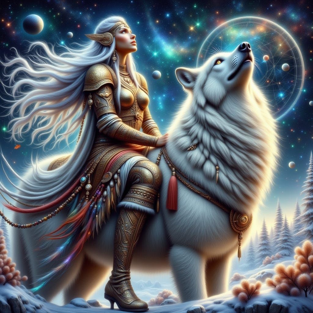 Regal Elf Maiden Rides Wolf Under Zodiac Constellations in I...
