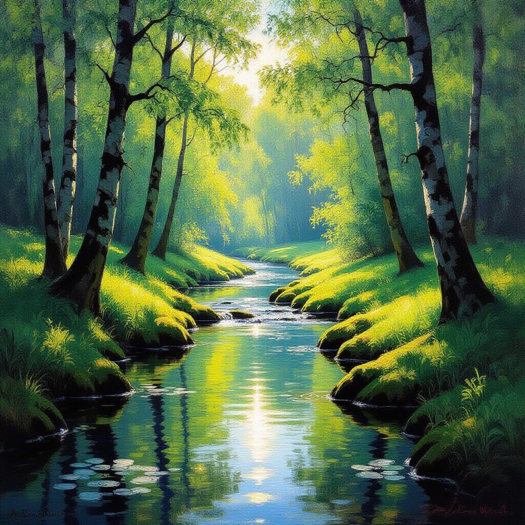 Impressionistic Forest Clearing with Sun-Dappled Stream